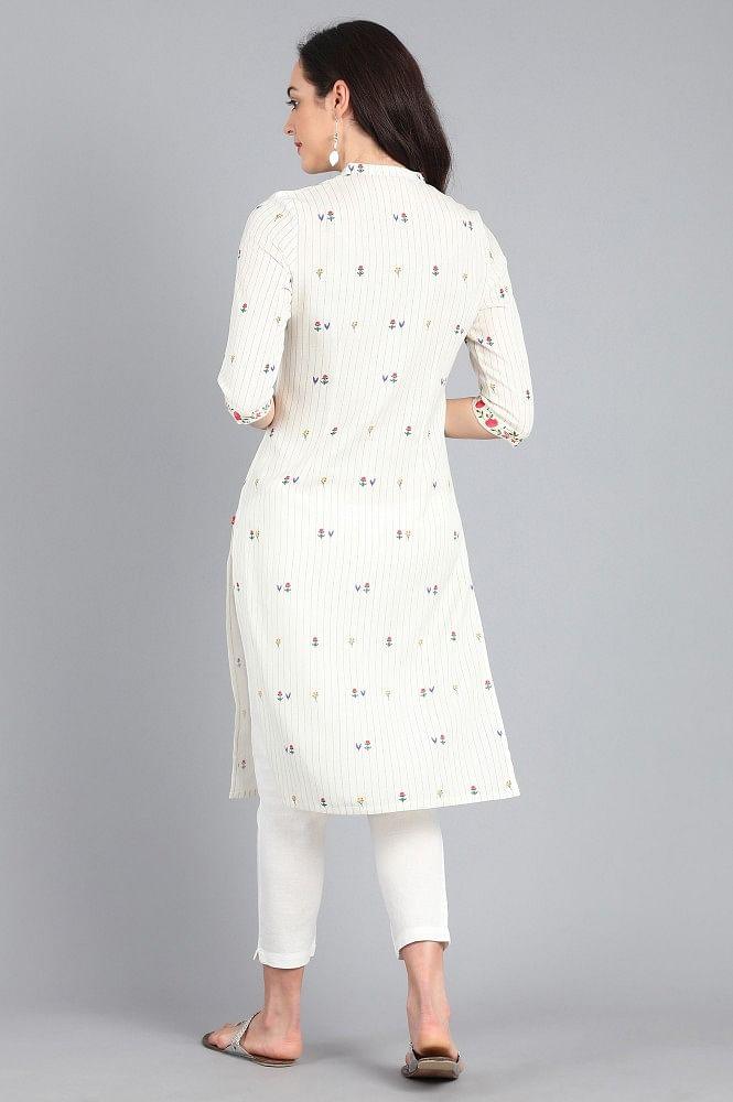 White Mandarin Neck Printed kurta - wforwoman