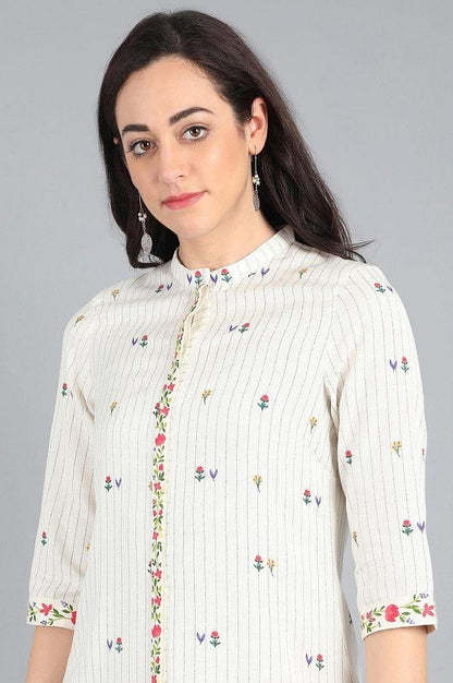 White Mandarin Neck Printed kurta - wforwoman