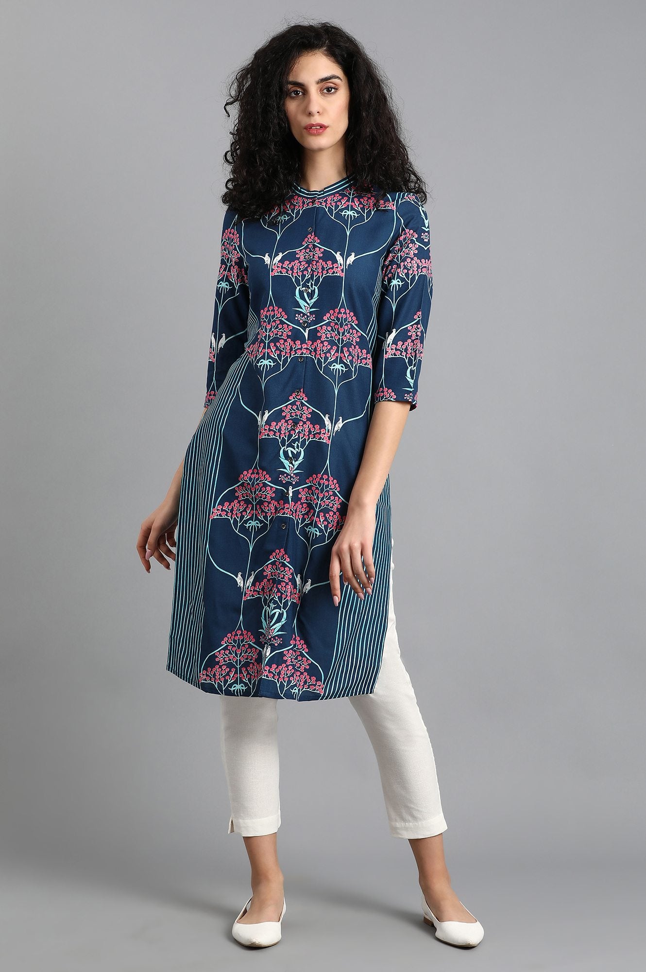 Blue Mandarin Neck Printed kurta