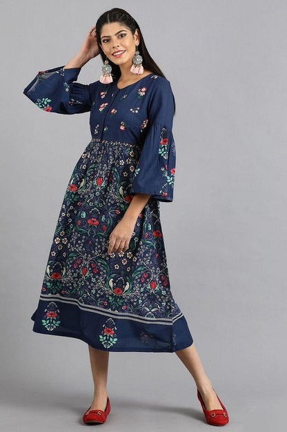 Blue Round Neck Printed kurta - wforwoman