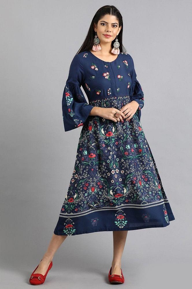 Blue Round Neck Printed kurta - wforwoman