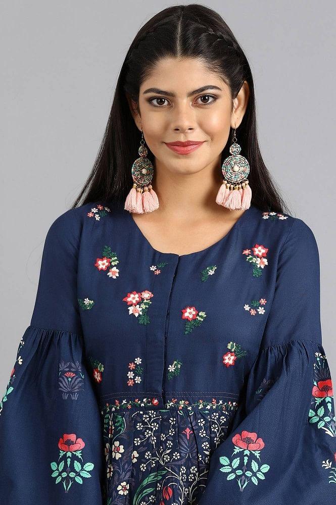 Blue Round Neck Printed kurta - wforwoman