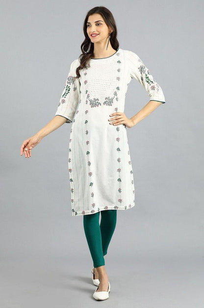 White Round Neck Printed kurta - wforwoman