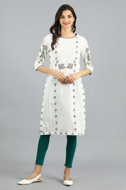 White Round Neck Printed kurta - wforwoman