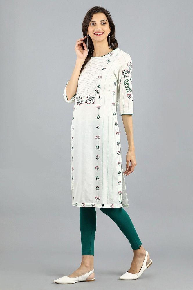 White Round Neck Printed kurta - wforwoman