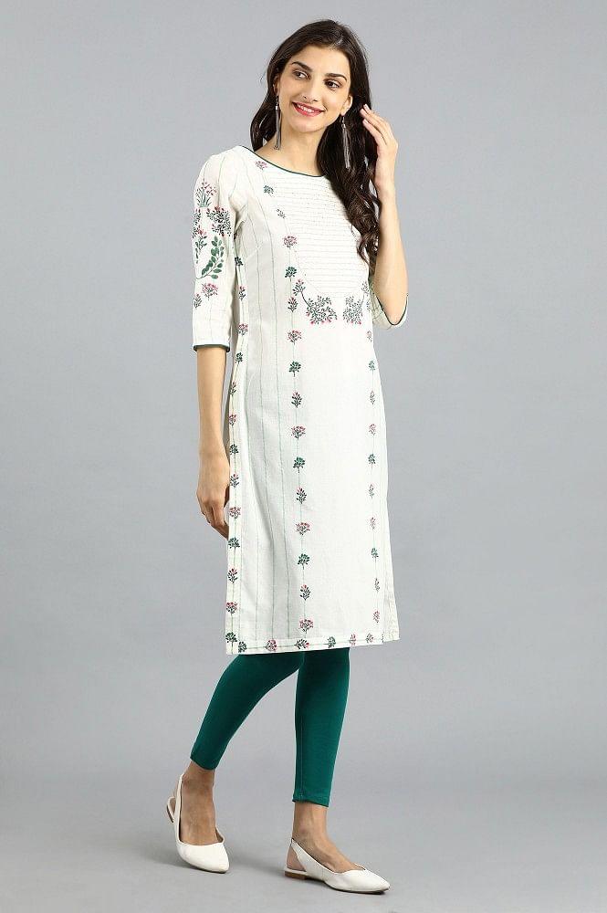 White Round Neck Printed kurta - wforwoman