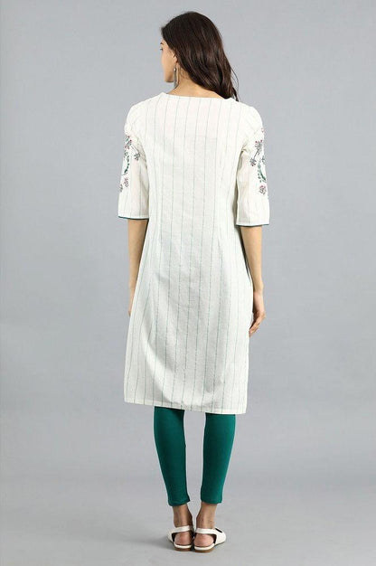 White Round Neck Printed kurta - wforwoman