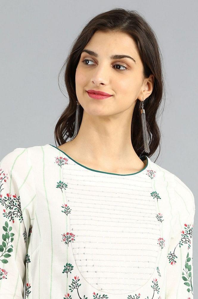 White Round Neck Printed kurta - wforwoman