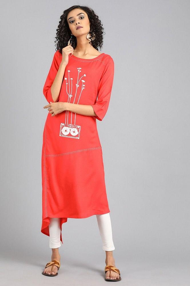 Red Round Neck Printed kurta - wforwoman