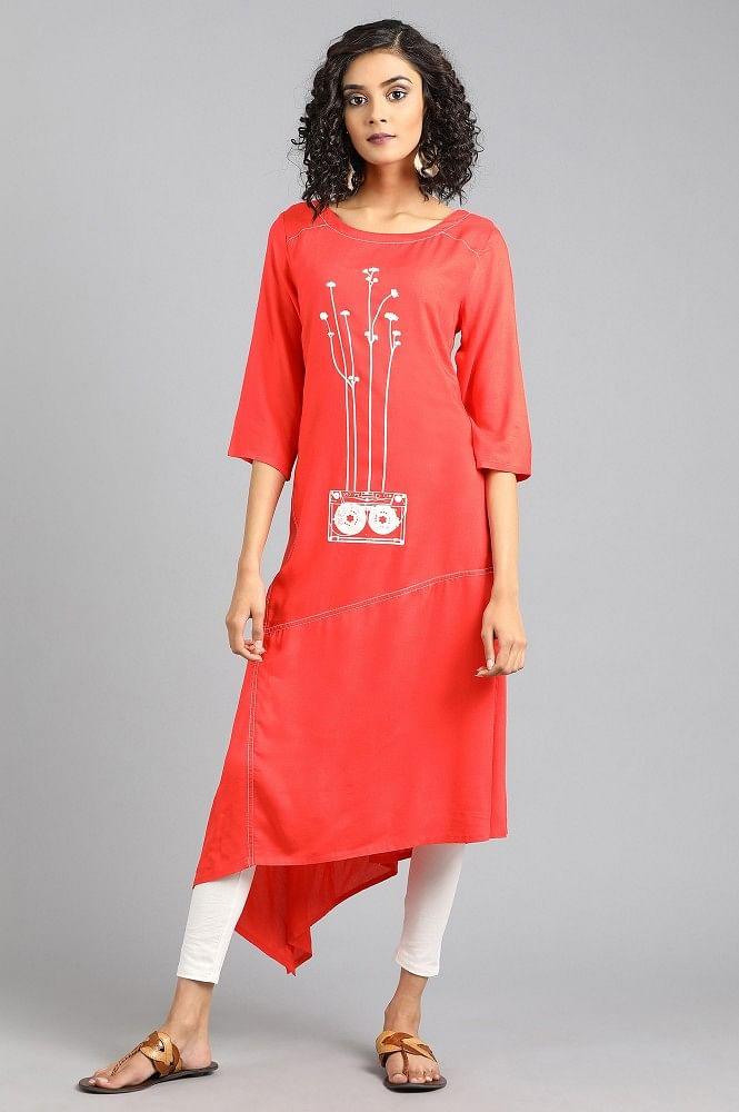 Red Round Neck Printed kurta - wforwoman