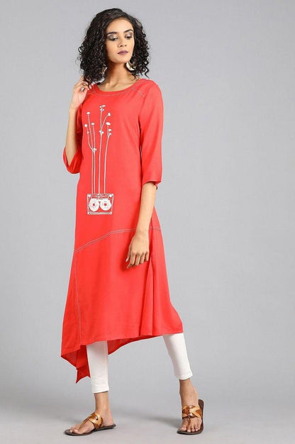 Red Round Neck Printed kurta - wforwoman