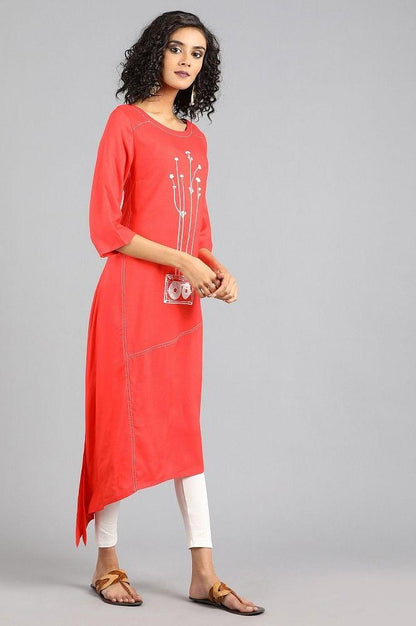 Red Round Neck Printed kurta - wforwoman