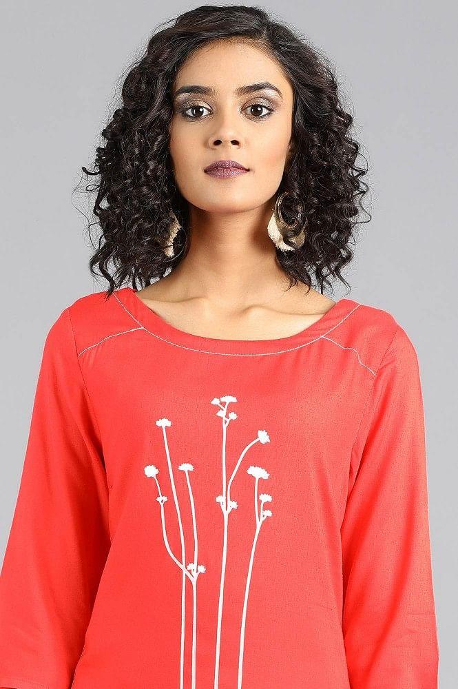 Red Round Neck Printed kurta - wforwoman