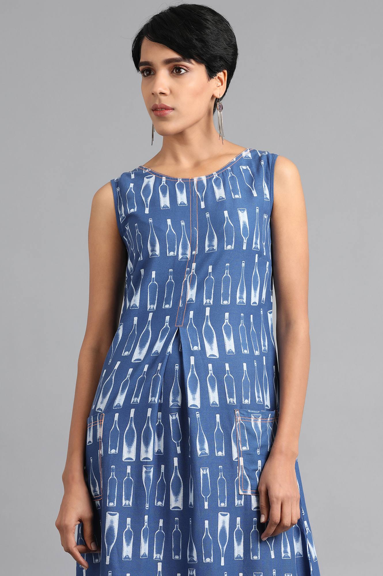 Blue Round Neck Printed kurta