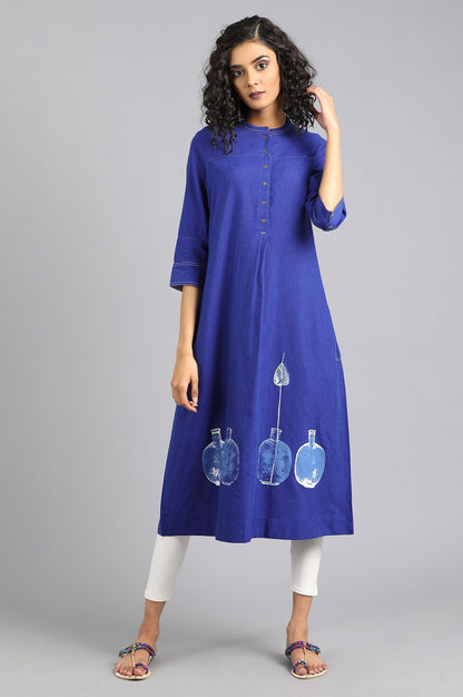 Blue Mandarin Neck Printed kurta