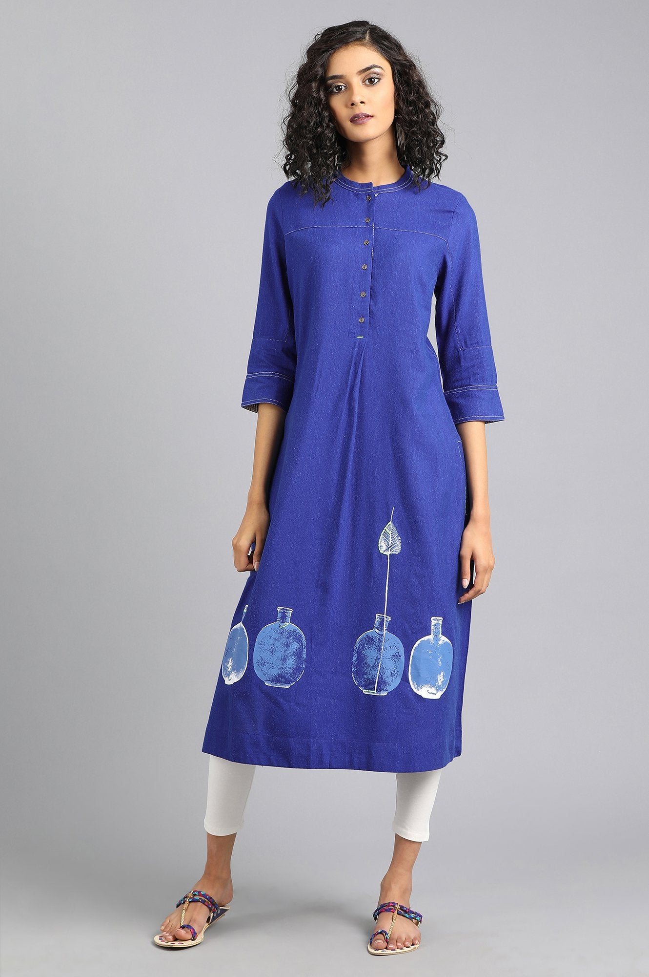 Blue Mandarin Neck Printed kurta