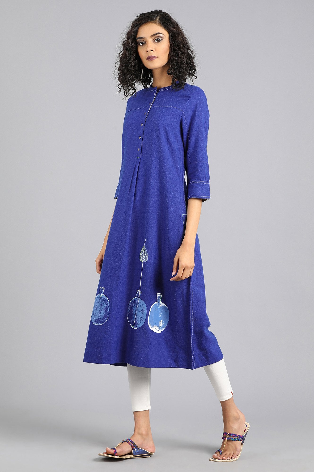 Blue Mandarin Neck Printed kurta