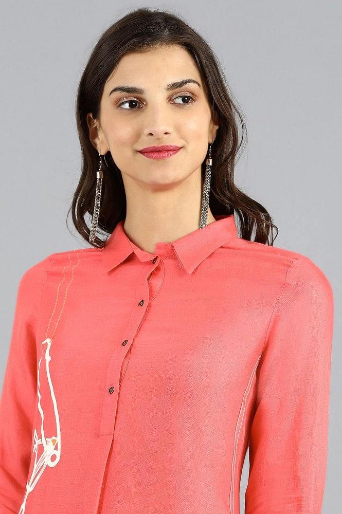 Pink Collar Neck Printed kurta - wforwoman