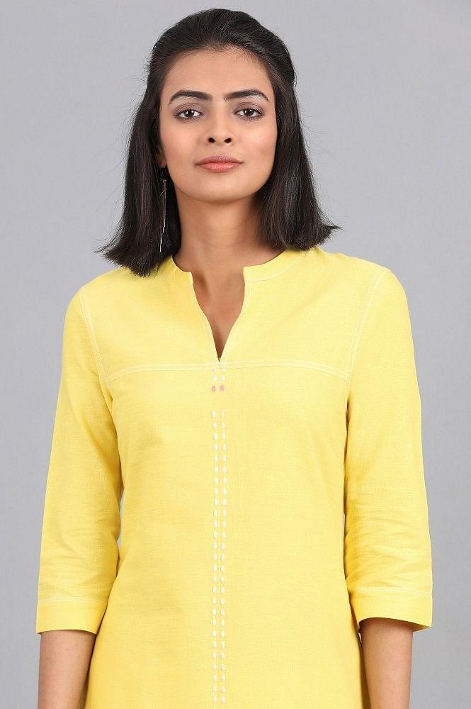 Yellow Mandarin Neck Solid kurta - wforwoman