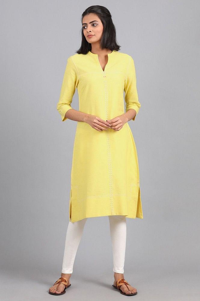 Yellow Mandarin Neck Solid kurta - wforwoman