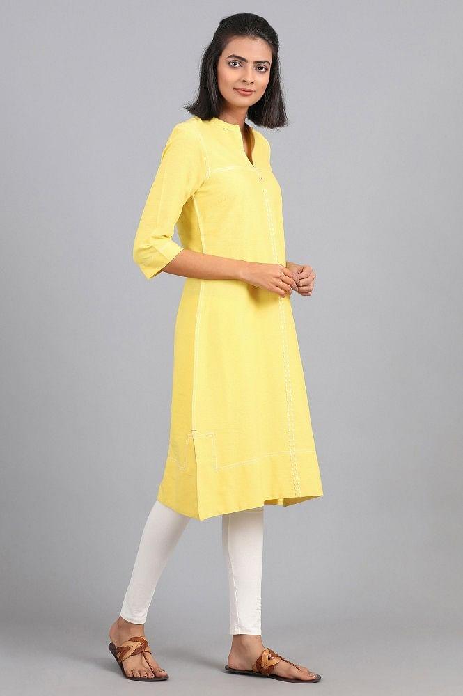 Yellow Mandarin Neck Solid kurta - wforwoman