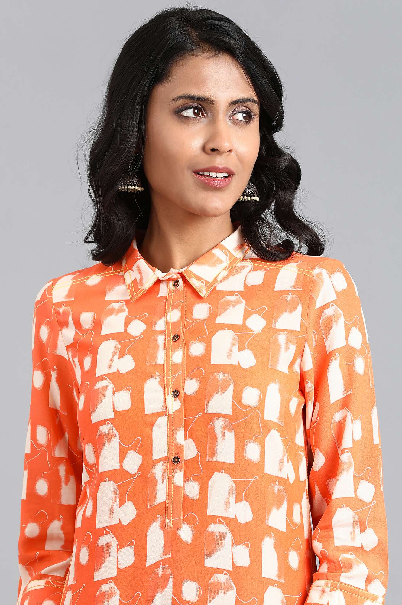 Orange Shirt Collar Printed kurta