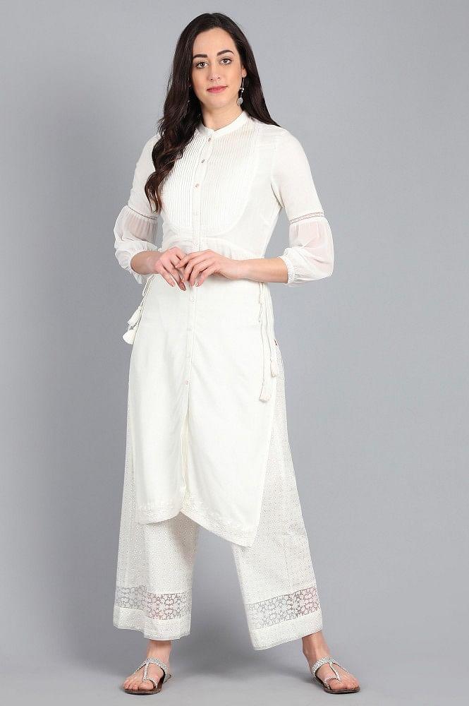 White Mandarin Neck Solid kurta - wforwoman