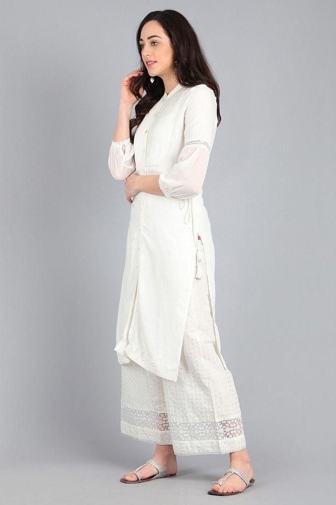 White Mandarin Neck Solid kurta - wforwoman