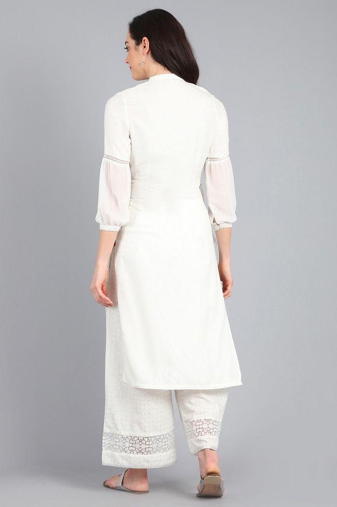 White Mandarin Neck Solid kurta - wforwoman