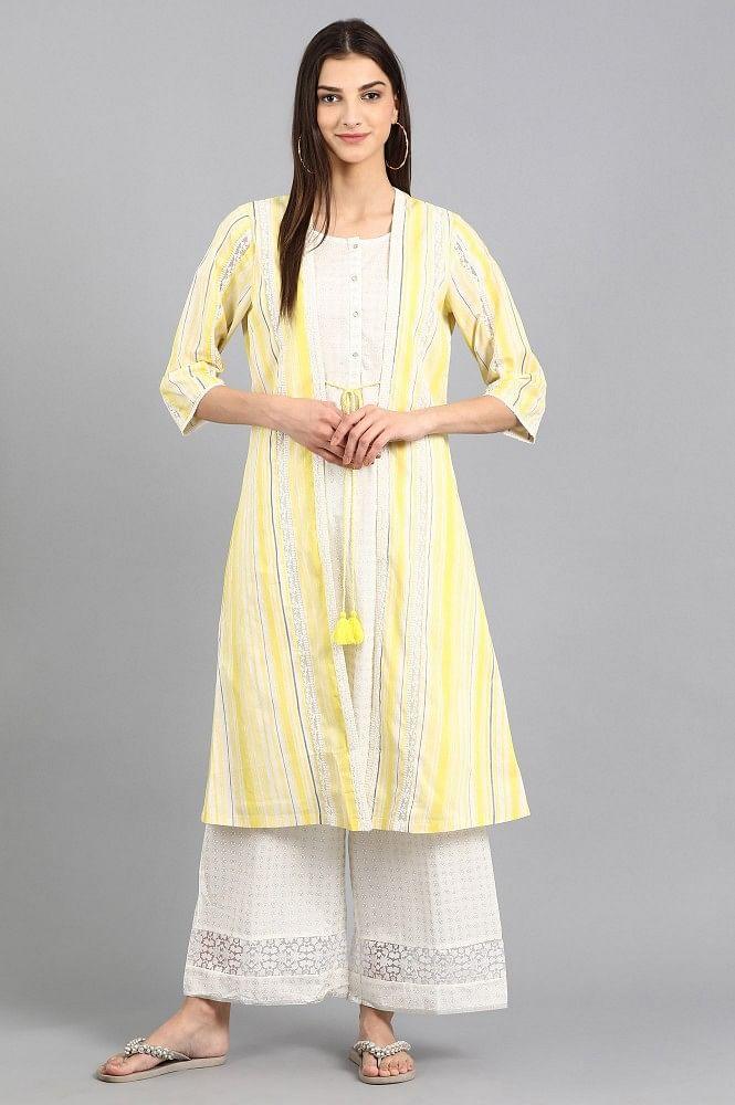 Yellow Open Front Printed kurta - wforwoman