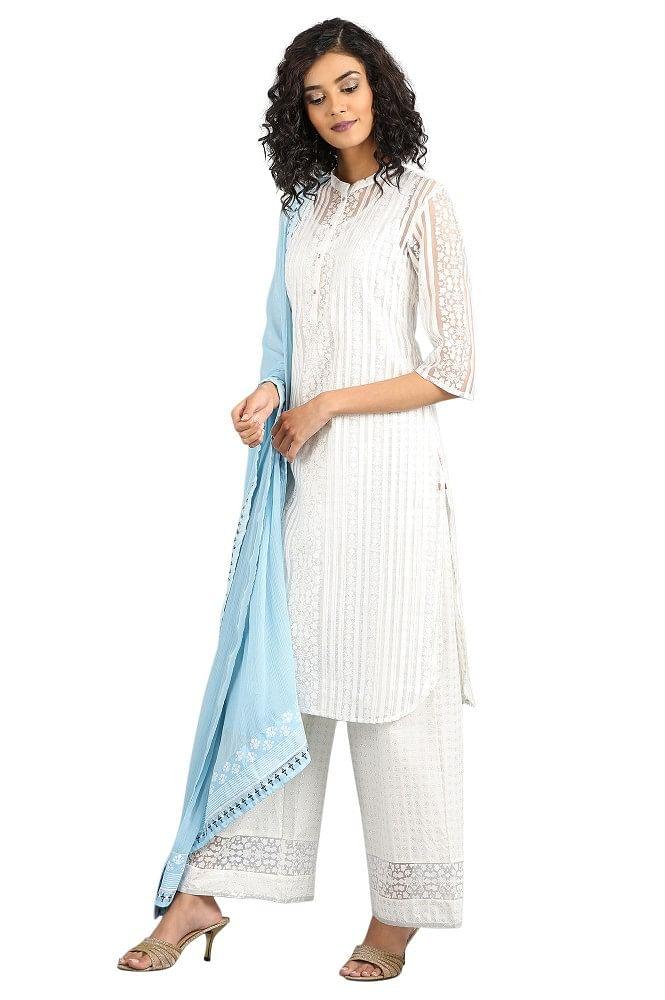 White Mandarin Neck Printed kurta - wforwoman