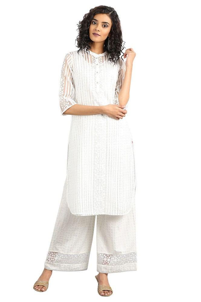 White Mandarin Neck Printed kurta - wforwoman