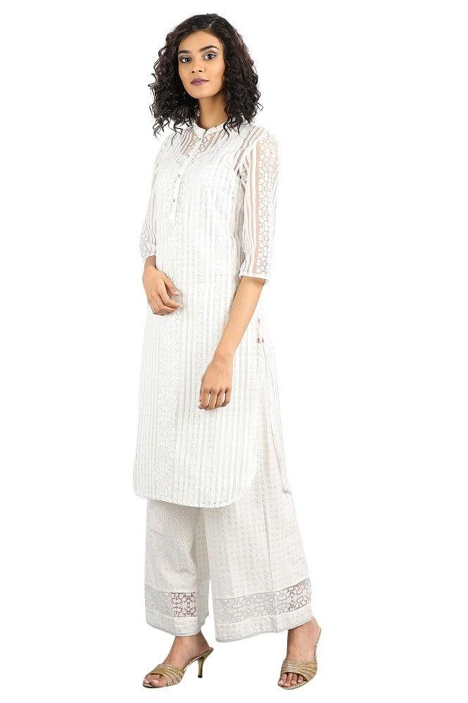 White Mandarin Neck Printed kurta - wforwoman