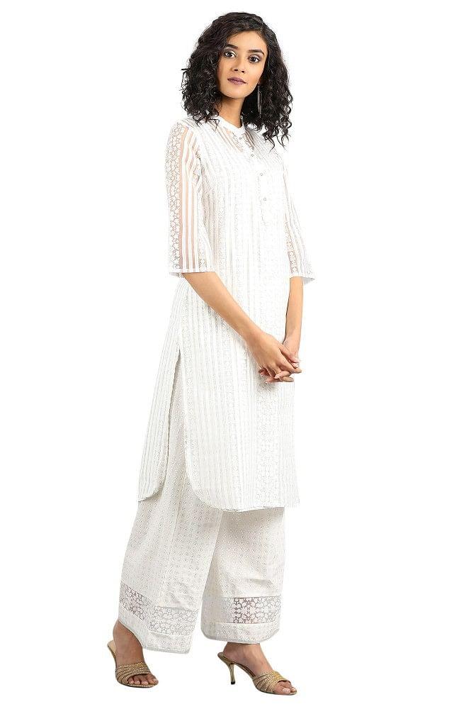 White Mandarin Neck Printed kurta - wforwoman