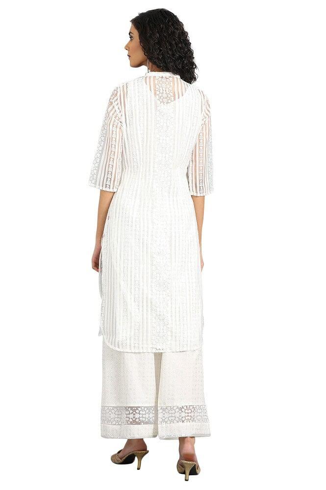 White Mandarin Neck Printed kurta - wforwoman