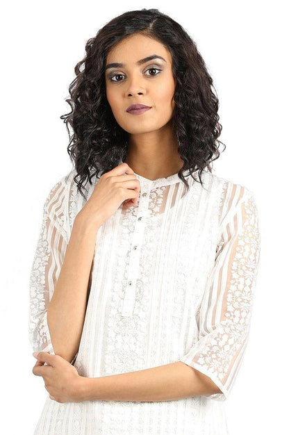 White Mandarin Neck Printed kurta - wforwoman