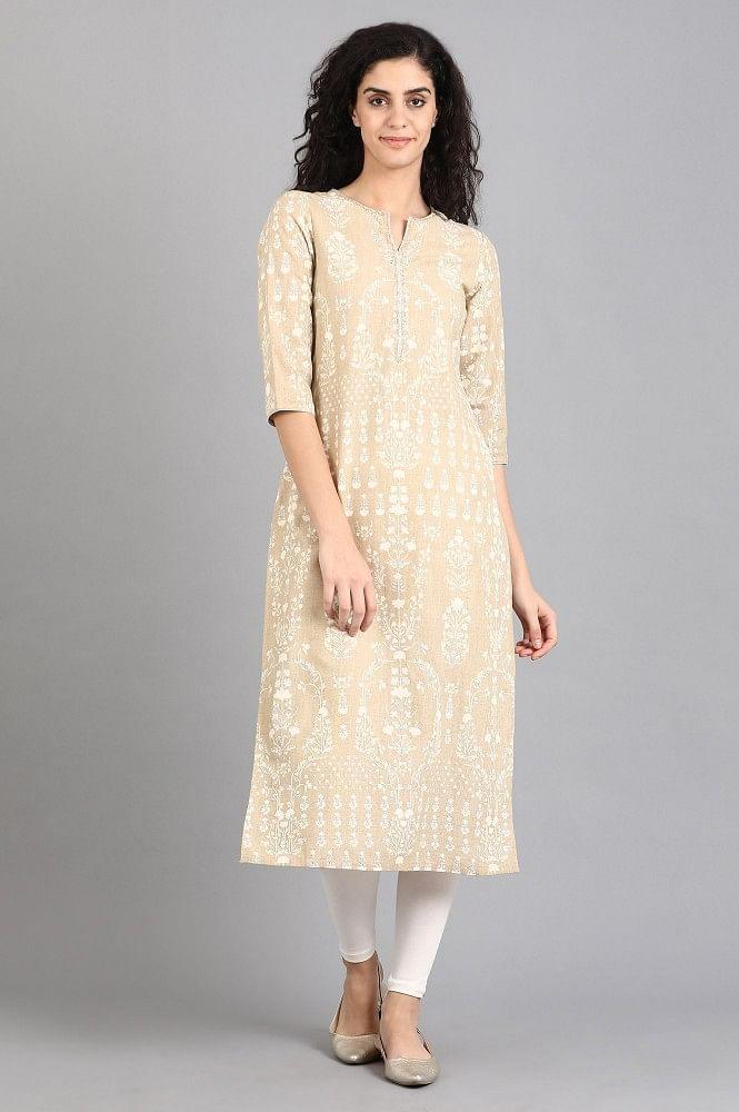 Beige Round Neck Printed kurta - wforwoman