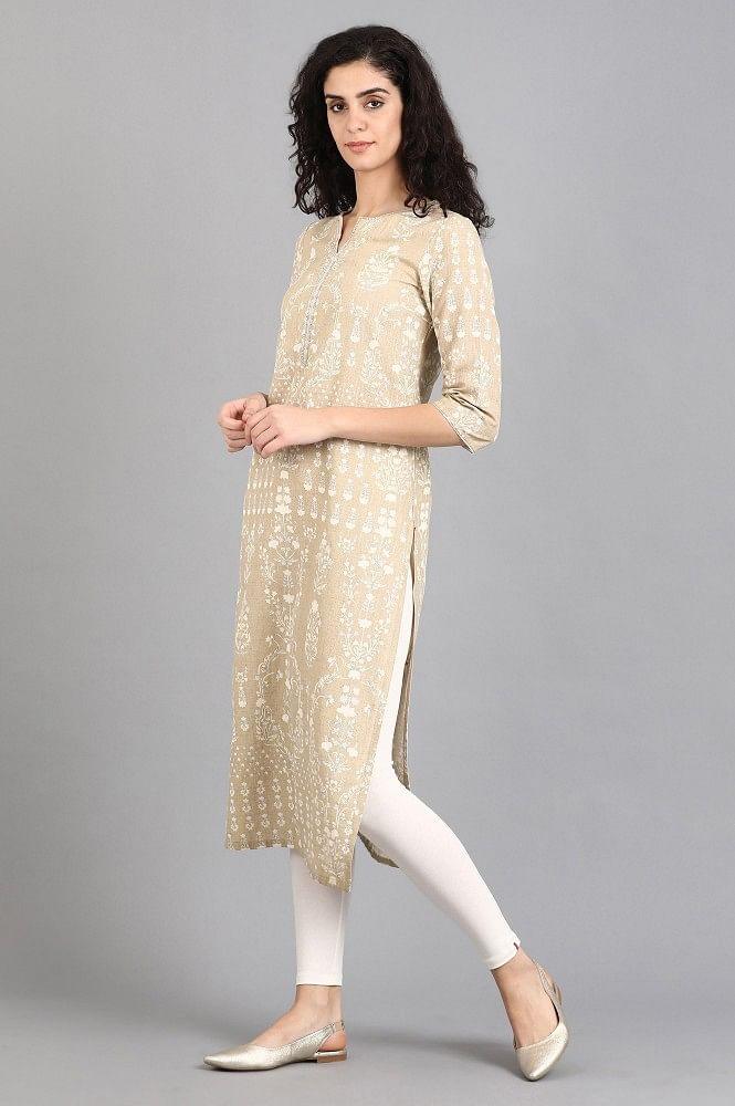 Beige Round Neck Printed kurta - wforwoman