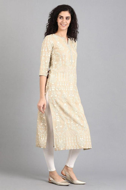 Beige Round Neck Printed kurta - wforwoman