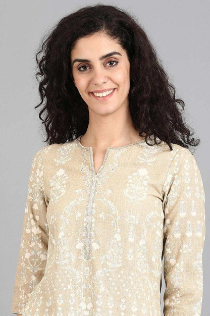 Beige Round Neck Printed kurta - wforwoman