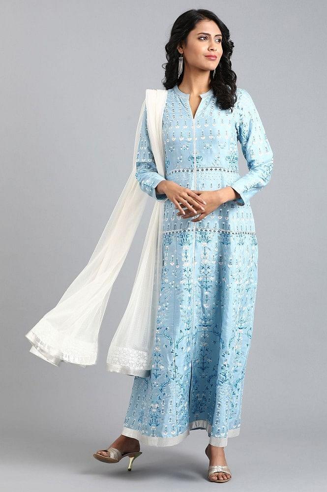 Blue Mandarin Neck Printed kurta - wforwoman