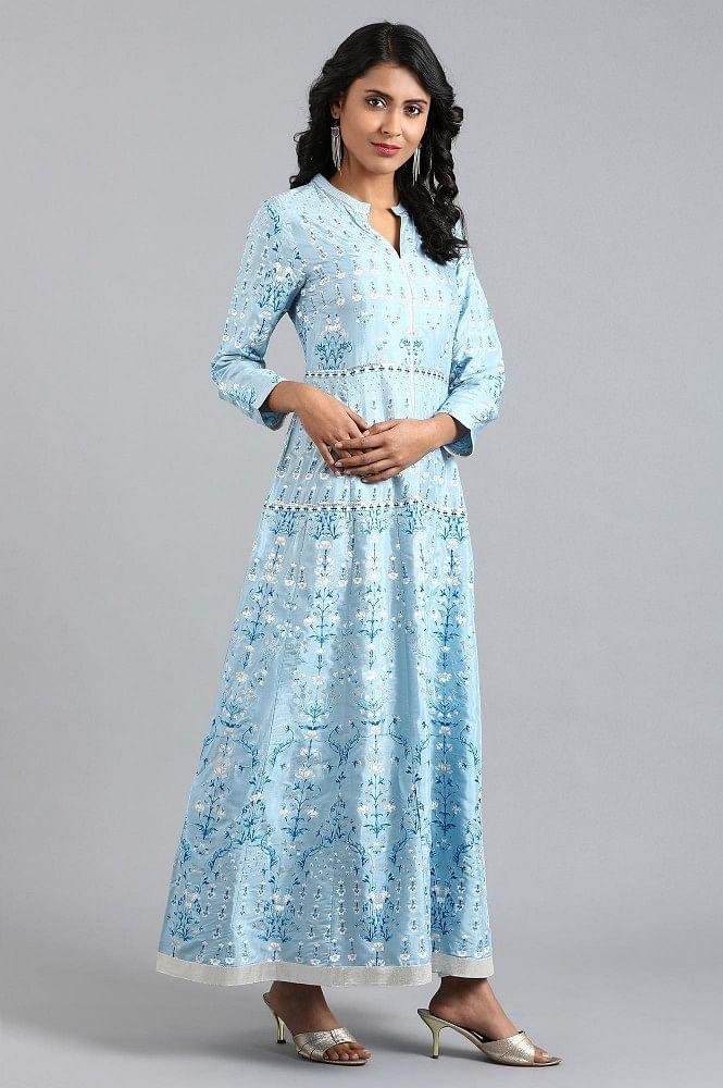 Blue Mandarin Neck Printed kurta - wforwoman