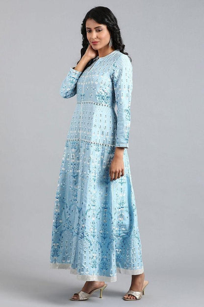 Blue Mandarin Neck Printed kurta - wforwoman