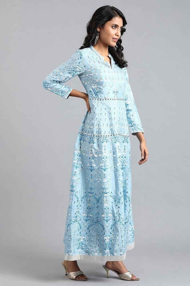 Blue Mandarin Neck Printed kurta - wforwoman