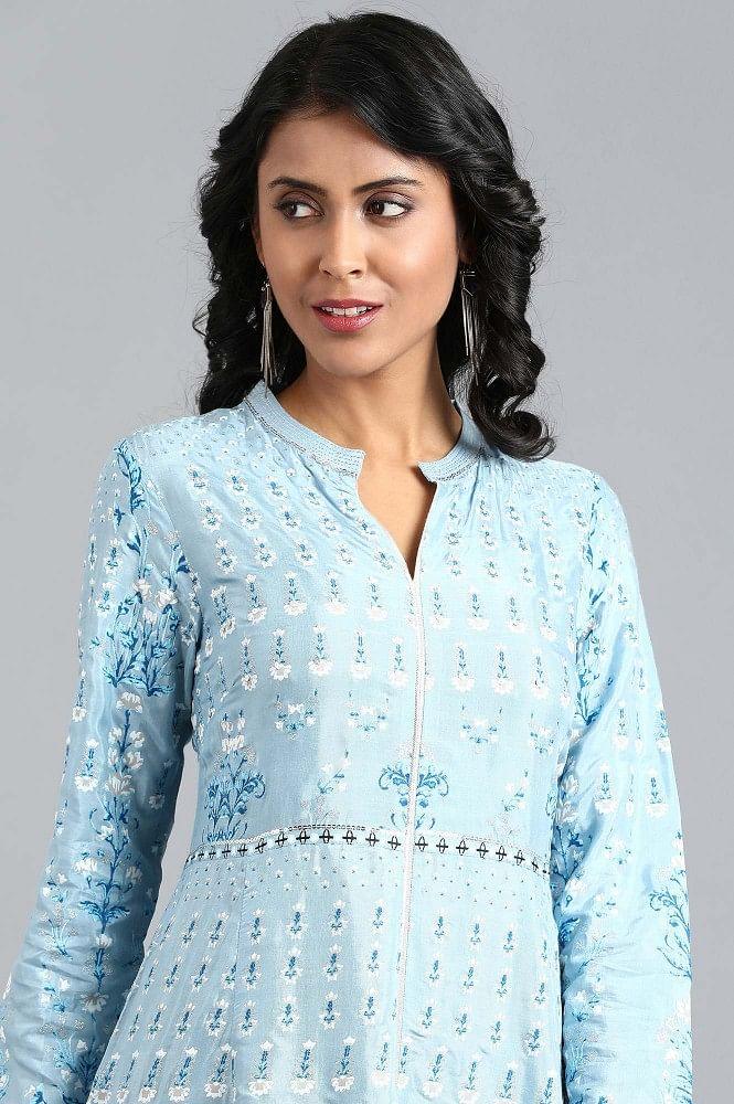 Blue Mandarin Neck Printed kurta - wforwoman