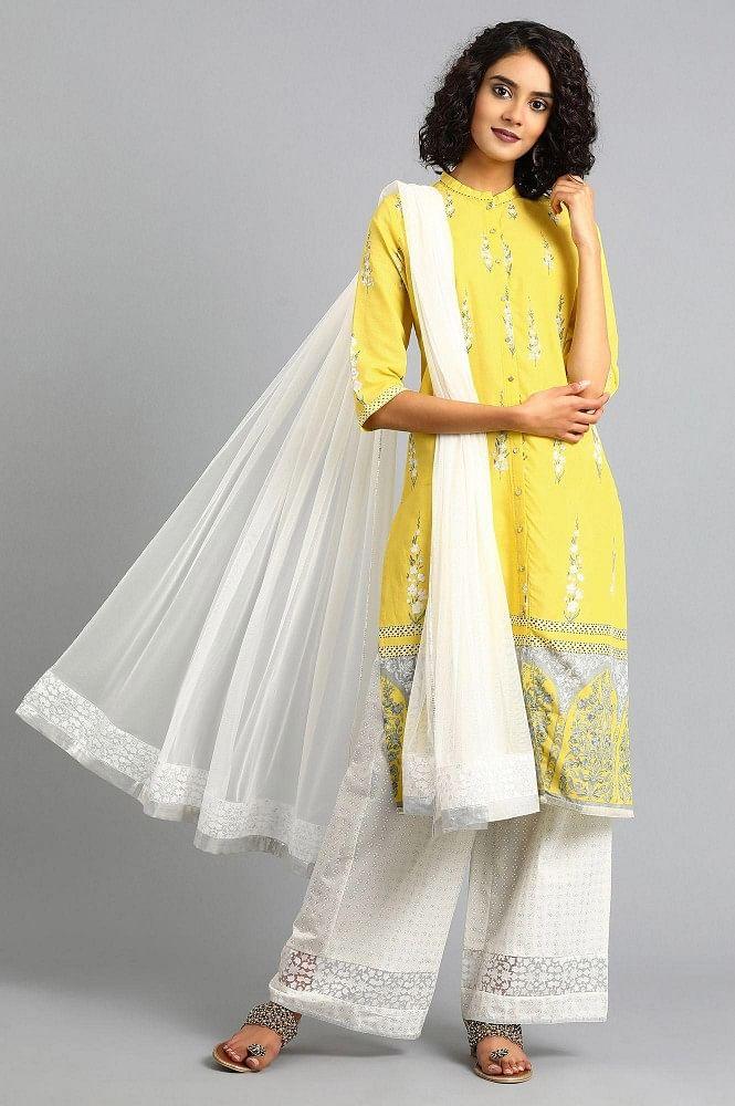 Yellow Mandarin Neck Printed kurta - wforwoman