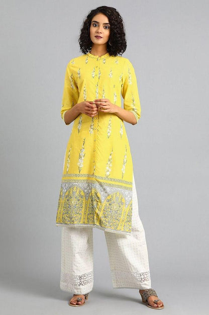 Yellow Mandarin Neck Printed kurta - wforwoman