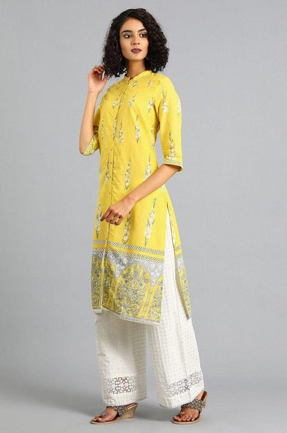 Yellow Mandarin Neck Printed kurta - wforwoman