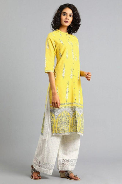 Yellow Mandarin Neck Printed kurta - wforwoman