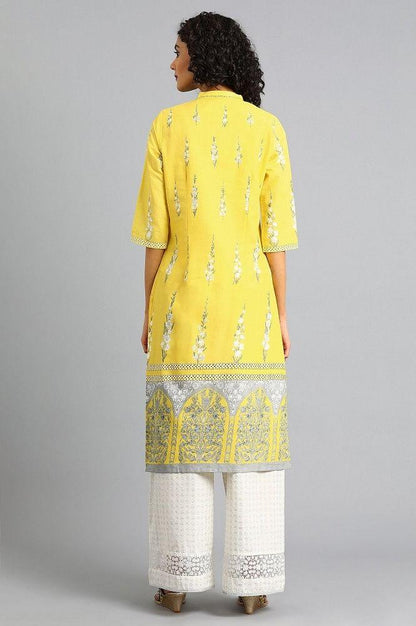 Yellow Mandarin Neck Printed kurta - wforwoman